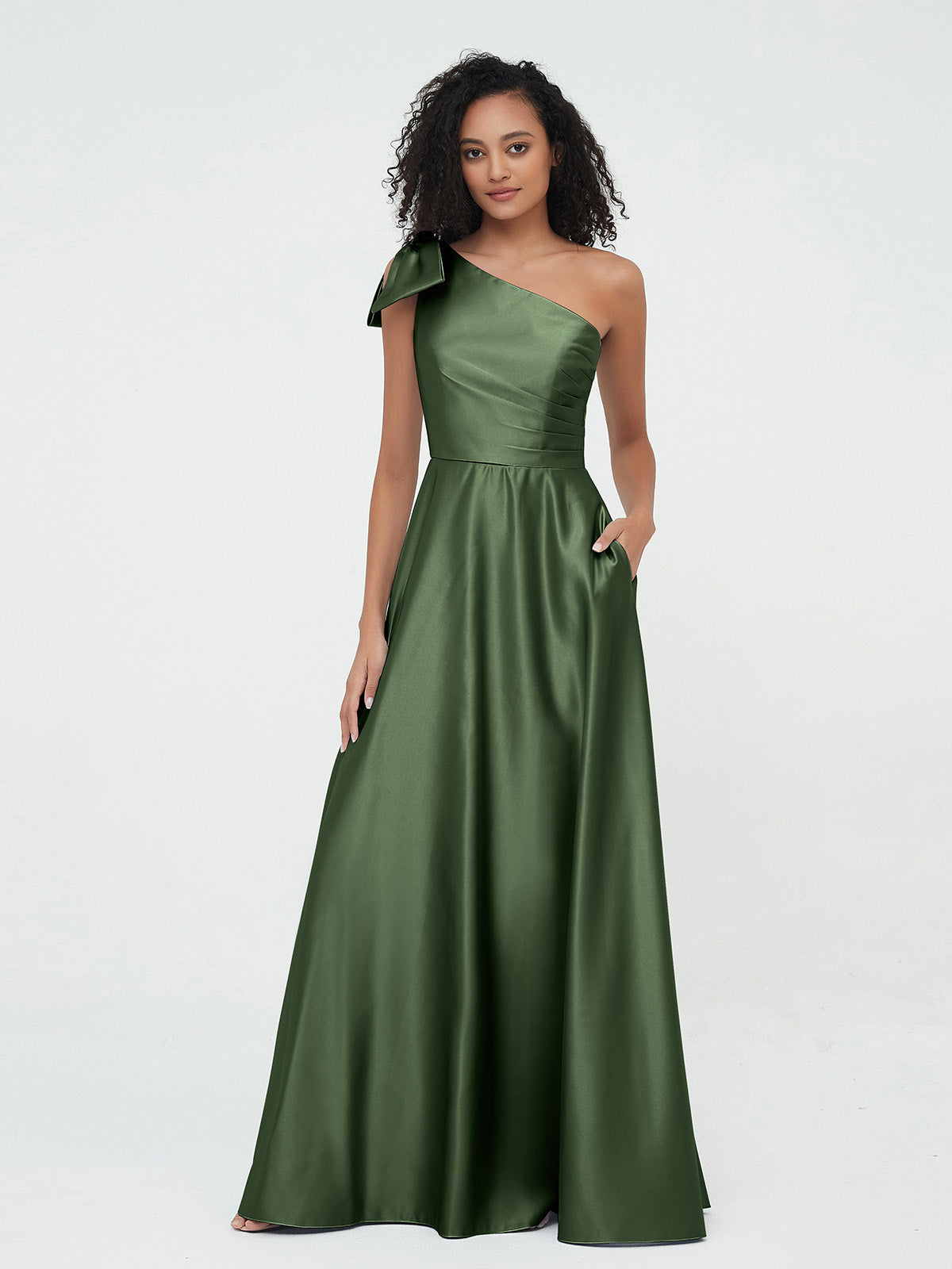 One-Shoulder Long Satin Dresses with Pockets-Olive Green